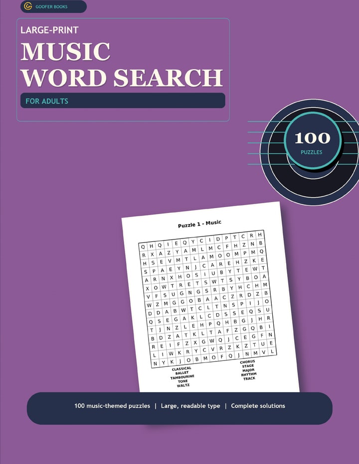 Large-Print Music Word Search for Adults: 100 Music-Themed Puzzles with Large, Readable Grids and Complete Solutions — A. Glorieux